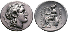 Lysimachos AR Tetradrachm. Lampsakos, circa 297-281 BC. Diademed head of the deified Alexander with horn of Ammon right / Athena enthroned left, holdi...