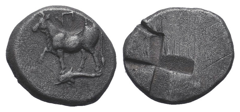 Thrace, Byzantion AR Siglos. c. 340-320. Bull standing l. on dolphin / Incuse gr...