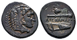 Macedonian Kingdom. Alexander III the Great. 336-323 B.C. AE . Head of Herakles right, wearing lion skin / AΛEΞANΔPOY, club and bow in bow case; grape...