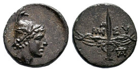 PONTOS. Amisos. Ae (85-65 BC). Obv: Head of Perseus right, wearing a winged helmet. Rev: AMI-ΣOY. Winged harpa; monogram right. SNG Copenhagen 160.
D...