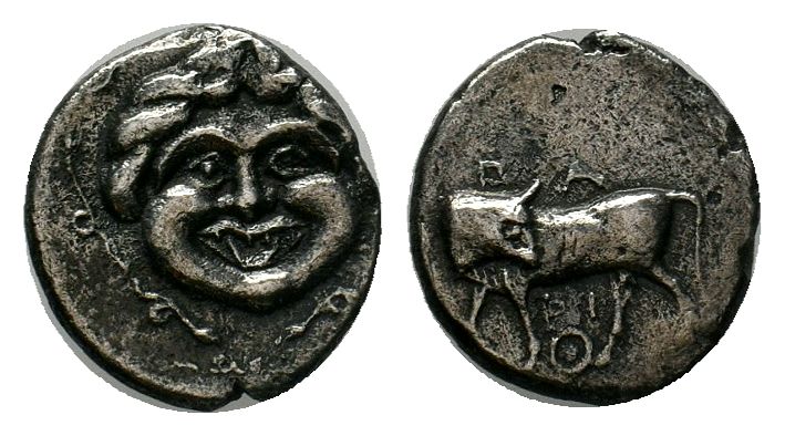 Parion , Mysia. AR Tetrobol (13 mm, 2.37 g), c. 350-300 BC. Obv. Bull standing l...