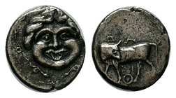 Parion , Mysia. AR Tetrobol (13 mm, 2.37 g), c. 350-300 BC. Obv. Bull standing left, head turned back; below, omphalos.Rev. Gorgoneion facing.SNG Münc...
