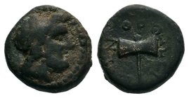 Caria. Orthosia circa 200-0 BC. Laureate head of Zeus right / Ο-Ρ-ΘΩΣ-ΙΕΩΝ, Δ-H to left and right of labrys. Legend: Orthosia stood on high ground ove...
