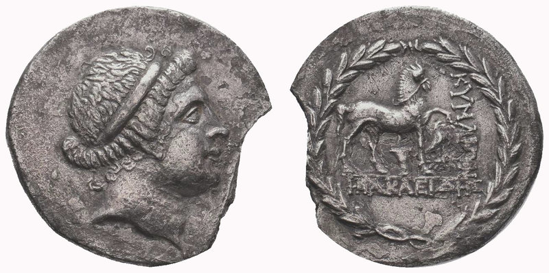 AEOLIS. Cyme. Ca. 145 BC. Silver tetradrachm. Head of Amazon Cyme right, wearing...