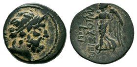 Elaiousa-Sebaste (BC 100-0) AE .diademed head of Zeus right; AP behind / ΕΛΑΙΟΥΣΣΙΩΝ, Nike walking left, holding wreath in right hand; monogram and le...
