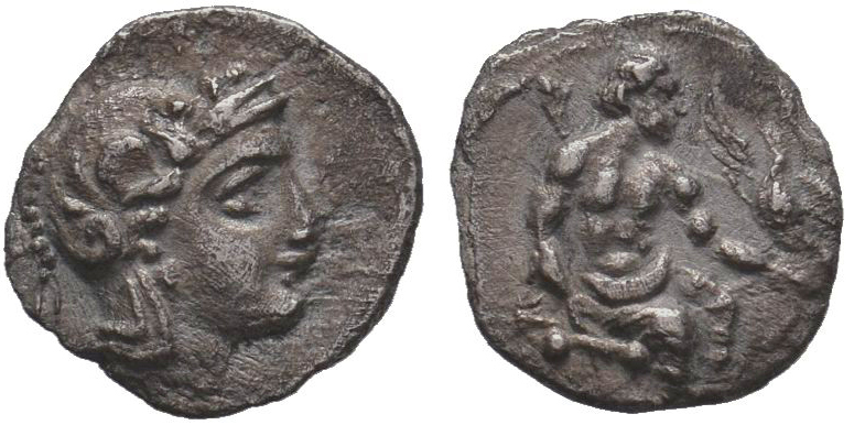 Cilicia, Mallos AR Obol. 375-360 BC. Aphrodite seated right / Head of Female rig...