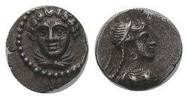 Cilicia, Satraps AR Obol. Tarsos, circa 380-360 BC. Time of Pharnabazos and Datames. Head of female facing slightly left / Bust of Aphrodite right, we...