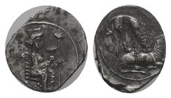 Cilicia, Myriandros AR Obol. Mazaios, Satrap of Cilicia, 361-334 BC. The Great King of Persia, wearing crown and elaborate robes covered with rings, s...