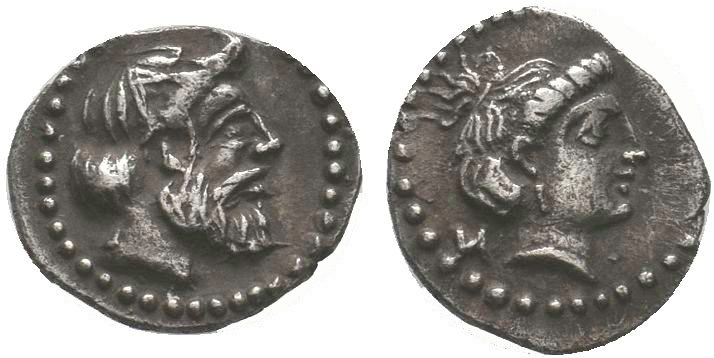 Cilicia. Nagidos 400-380 BC. Obol AR. Head of Aphrodite right / Head of Dionysos...