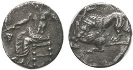 CILICIA, Tarsos. Mazaios. Satrap of Cilicia, 361/0-334 BC. AR Obol . Baaltars seated left, his torso facing, holding grain ear and grape bunch in exte...