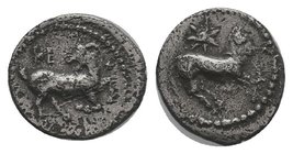 Cilicia. Kelenderis 425-400 BC. Obol AR . Horse prancing right, star above / KE, kneeling goat right with head reverted. very fine SNG Levante-; SNG F...