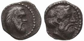 CILICIA. Nagidos. Circa 400-380 BC. Obol (Silver, 10 mm, 0.82 g, 6 h). Bearded head of Pan to right. Rev. NAΓI Bearded head of Dionysos to right. SNG ...