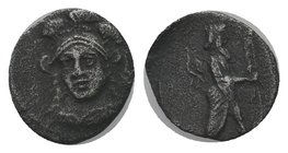 CILICIA, Uncertain. 4th century BC. AR Obol (. Head of Athena facing slightly left, wearing triple-crested helmet / King standing right, holding scept...