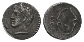 Cilicia. Tarsos . Balakros, Satrap of Cilicia. 333-323 BC. Obol . Head of Athena to right, wearing crested Attic helmet / Boeotian shield, B to left. ...