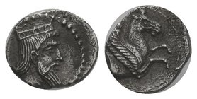 CILICIA, Uncertain. 4th century BC. AR Obol . Crowned and bearded head right (of Persian Great King?) / Forepart of Pegasos right. Göktürk –; SNG BN 4...