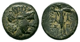 SELEUKID EMPIRE. Seleukos I Nikator. 312-281 BC. Æ. Antioch on the Orontes mint. Struck circa 300-281 BC. Laureate head of Apollo right / Athena Proma...