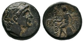 Diademed head right / ΒΑΣΙΛΕΩΣ ΑΝΤΙΟΧΟΥ, Apollo seated left on omphalos, testing arrow, resting hand on bow; monograms in left field. 16mm, 3.93gr
Di...