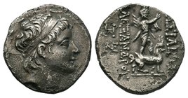 SELEUKID KINGS of SYRIA. Alexander II Zabinas. 128-123 BC. AR Drachm. Tarsos mint. Diademed head right / Sandan standing on the back of a mythical cre...