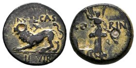 Corinthia, Corinth. AE, Inst L Cas IIviri, 42/41 BC. Obv. CO-RINT, Nike advancing right, holding palm in left hand; in field, right, Q; in field, left...
