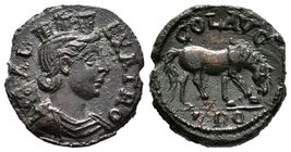TROAS, Alexandria. III Century AD. Æ22 (6.31 gm). Turreted bust of Tyche vexillum behind / Horse grazing. Bell.A246. SNG.Cop.110.
Diameter: 22mm
Wei...