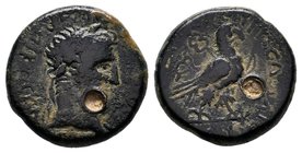 Phrygia. Amorion . Augustus 27 BC -14 AD. Bare head right; lituus before / Eagle standing right on uncertain object (thunderbolt?); long caduceus diag...