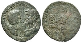 CILICIA, Olba. Septimius Severus, with Julia Domna and Caracalla. 193-211 AD. Æ . Confronted busts of Septimius, on right, and Domna, on left; c/m: Ni...