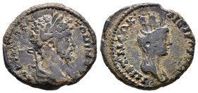 Nikomedeia (AD 161-180) AE 25 - Marcus Aurelius Marcus Aurelius, 161-180 AD. AE25 (11.06g). Laureate bust right / Turreted and veiled bust of Tyche ri...
