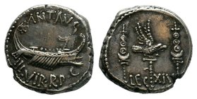 MARK ANTONY. 32-31 BC. AR Legionary Denarius. Patrae(?) mint. Galley right / LEG XIV, legionary aquila between two standards. Crawford 544/29; CRI 369...