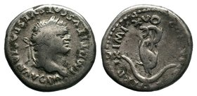 Titus AR Denarius. Rome, AD 80. IMP TITVS CAES VESPASIAN AVG P M, laureate head right / TR P IX IMP XV COS VIII P P, dolphin coiled around anchor. RIC...