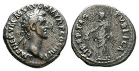 Nerva AR Denarius. Rome, AD 97. IMP NERVA CAES AVG P M TR P COS III P P, laureate bust right / LIBERTAS PVBLICA, Libertas standing left, holding pileu...