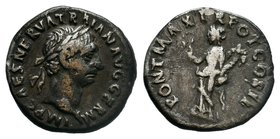 Trajan. A.D. 98-117. AR denarius. Rome mint, Struck A.D. 99. IMP CAES NERVA TRAIAN AVG GERM, laureate head of Trajan right / PONT MAX TR POT COS II, P...