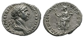 Trajan AR Denarius. Rome, autumn AD 116 - August AD 117. IMP CAES NER TRAIAN OPTIM AVG GERM DAC, laureate 'heroic' bust right, wearing aegis, with bar...