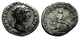 Trajan. AD 98-117. AR Denarius. "Dacia Capta" commemorative. Rome mint. Struck AD 107-108. Laureate bust right, slight drapery / DΛC CΛP in exergue, D...