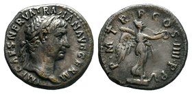 Trajan AR Denarius. Rome, AD 101-102. IMP CAES NERVA TRAIAN AVG GERM, laureate head right / P M TR P COS IIII P P, Victory standing to right on prow t...