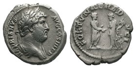 Hadrianus 117 – 138 AD. Denarius 134-138, AR 3.42 g. Bare-headed bust r. Rev. Fortuna standing l., holding cornucopiae and clasping hand with Hadrian ...