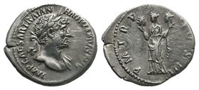 Hadrian AR Denarius. Rome, AD 119-122. IMP CAESAR TRAIAN HADRIANVS AVG, laureate bust right, slight drapery on far shoulder / P M TR P COS III, Aetern...