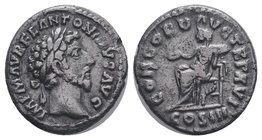Marcus Aurelius (161-180), Denarius, Rome, AD 161; AR. IMP M AVREL ANTONINVS AVG, laureate head r., Rv. CONCORD - AVG TR P XV, Concordia seated l., ho...