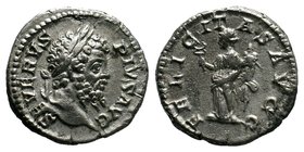 Septimius Severus. AD 193-211. Silver Denarius. Rome, AD 210/1. Laureate head right of Septimius Severus right. Reverse: Felicitas standing facing, he...