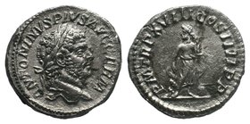 Caracalla AR Denarius. Rome, AD 215. ANTONINVS PIVS AVG GERM, laureate head right / P M TR P XVIII COS IIII P P, Asclepius standing left, holding wand...