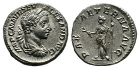 Severus Alexander AR Denarius. Rome, AD 222-228. IMP C M AVR SEV ALEXAND AVG, laureate and draped bust right / PAX AETERNA AVG, Pax standing facing, h...