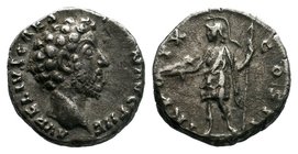 Commodus AR Denarius. Rome, AD 183. M COMMODVS ANTONINVS AVG, laureate head right / TR P VIII IMP V COS IIII P P, Roma standing left, holding Victory ...