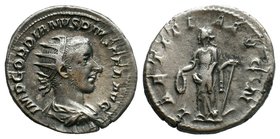 Gordian III AR Antoninianus. Rome, AD 241-243. IMP GORDIANVS PIVS FEL AVG, radiate, draped and cuirassed bust right / LAETITIA AVG N, Laetitia standin...