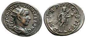 Gordian III AR Antoninianus. Rome, AD 241-243. IMP GORDIANVS PIVS FEL AVG, radiate, draped and cuirassed bust of Gordian III to right / P M TR P V COS...