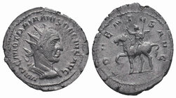 Trajan Decius AR Antoninianus. Rome, AD 250. Radiate, draped, and cuirassed bust right / Trajan Decius on horseback left, raising hand and holding sce...