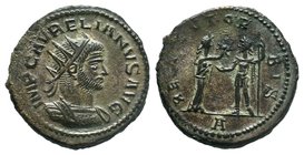 Aurelian Æ Antoninianus. Serdica, AD 274-275. IMP C AVRELIANVS AVG, radiate and cuirassed bust right / RESTITVT ORBIS, woman standing right presents w...