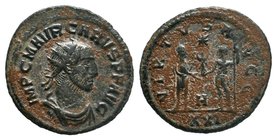 Carus; 282-283 AD, Antioch, Antoninianus, RIC-125, officina H=8; C-117. Rx: VIRTVS AV - GGG Two emperors standing, the one on the r. holding long scep...