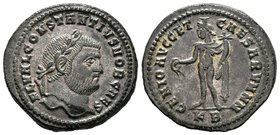 Constantius I. A.D. 305-306. Æ follis. Cyzicus. IMP C FL VAL CONSTANTIVS P F AVG, laureate head of Constantius I right / GENIO POPV-LI ROMANI, Genius ...