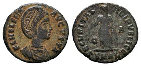 Helena Æ Follis. Antioch, AD 327-328. FL HELENA AVGVSTA, diademed and mantled bust right, wearing necklace / SECVRITAS REIPVBLICE, Securitas standing ...