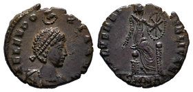 Aelia Eudoxia, Augusta, 400-404. Follis. Nicomedia, 401-403. AEL EVDO – XIA AVG Pearl-diademed and draped bust of Aelia Eudoxia to right, crowned by t...