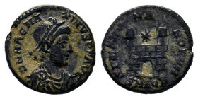 Magnus Maximus. AD 383-388. Æ. Aquileia mint, 2nd officina. Struck AD 387-388. Pearl-diademed, draped, and cuirassed bust right / Campgate with two tu...